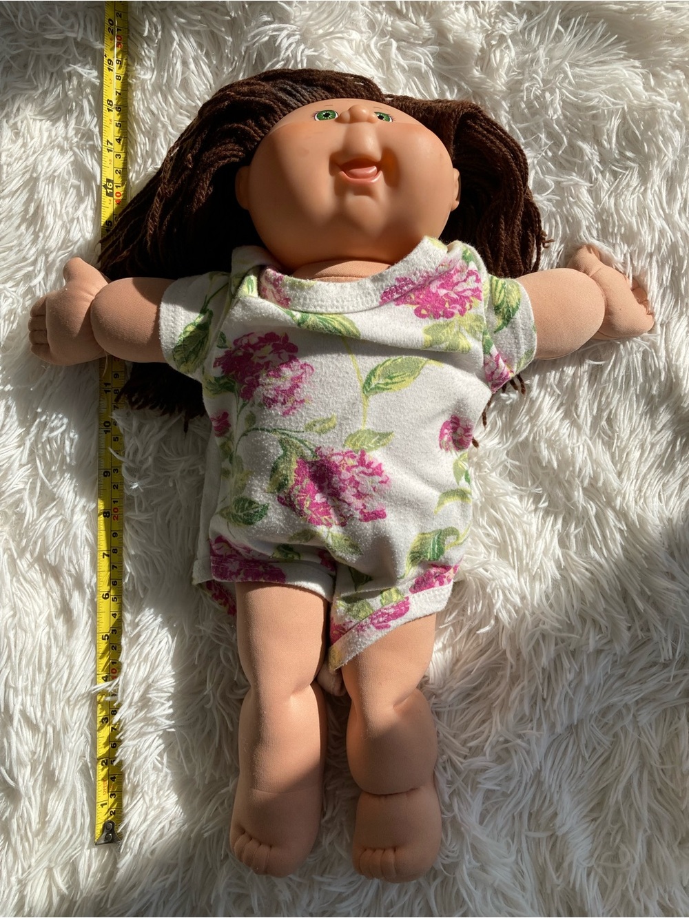 Brown-Haired Plush Doll with Floral Outfit - Kids Toy